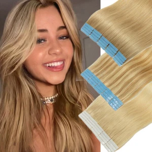 Invisible Tape In Remy Human Hair Extensions Seamless Skin Weft Blond Baby Light - Picture 1 of 77