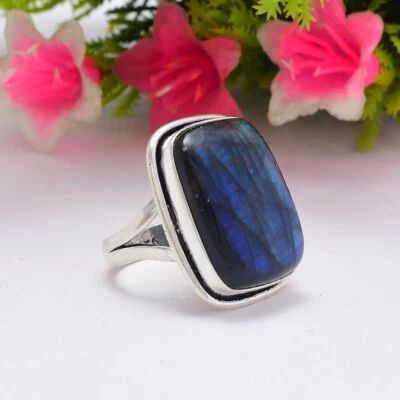 Ammirevole Pietra Labradorite 925 Argento Sterling Mano Anello Tutte le Misure - Immagine 1 di 4