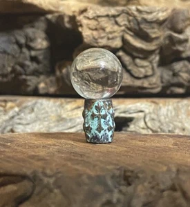 Dollhouse Miniatures Crystal ball, Witch Accessory, Tall blue Cross Patina Base - Picture 1 of 8