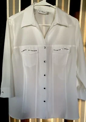 Blusa vintage Kathy Che elástica con botones blanca talla 12 Foto 1 de 4