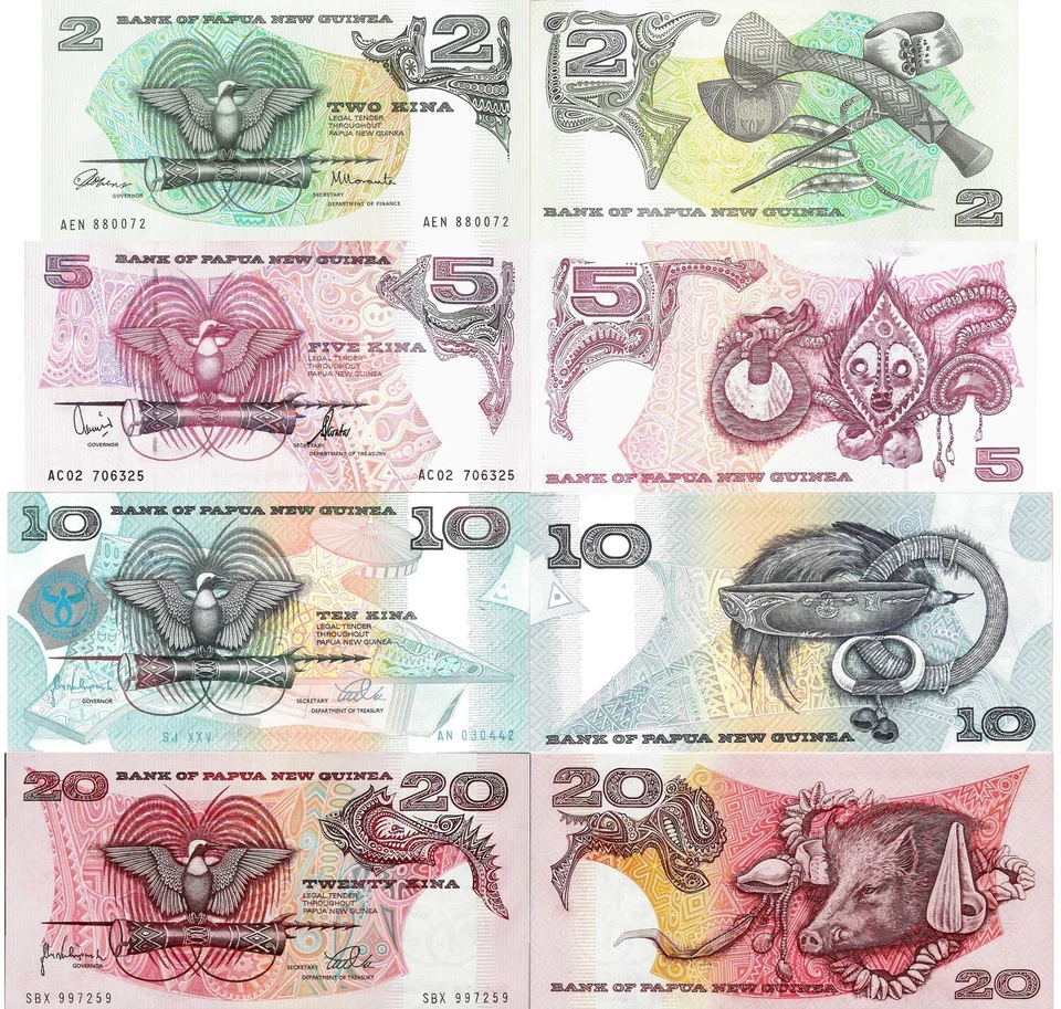 Papua New Guinea set 4 pcs 2+5+10+20 Kina UNC random years - Image 1 of 1