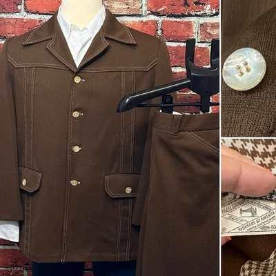 PARA HOMBRES 60’S 70’S TRAJE 2 PIEZAS MARRÓN BLAZER 44S PANTALONES 41x28 DE COLECCIÓN ROCKABILITY EE. UU. Foto 1 de 4