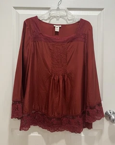 SUNDANCE Womens Large Maroon silk Blouse Square Neck Lace Pintuck Feminine Fairy - Picture 1 of 6
