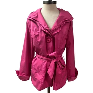 Luii Womens Hot Pink Belted Button Jacket Large Fluted Collar Lined Mid-Length - Picture 1 of 14
