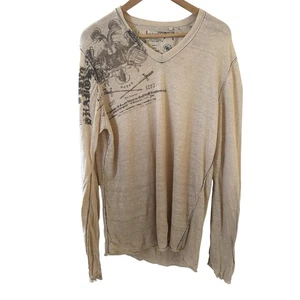 Y2K Guess Womens Shirt Medium Beige Long Sleeve 100% Linen Skulls Grunge 90s - Picture 1 of 10