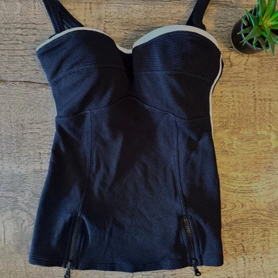 Gottex Black Textured Tankini Top Retro Zip Detail, Built-In Bra, Luxe Swimwear - Image 1 of 4