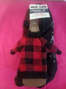 MUK LUKS Thermal Insulated CABIN SOCK MEN Plaid red & Matching Bottle Sweater - Picture 1 of 9