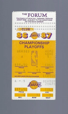 MAGIC JOHNSON 14 Assists - 1987 NUGGETS @ LAKERS FULL PLAYOFF TICKET Game 1 A-1 Cover