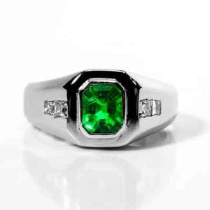 Emerald Cut Green Emerald & Princess Cut White CZ Men's 935 Silver Gorgeous Ring - Picture 1 of 10