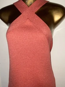 NEXT Size XL UK 20 Coral Orange Metallic Lurex Rib Knit Halter Vest Top NEW/tags - Picture 1 of 4