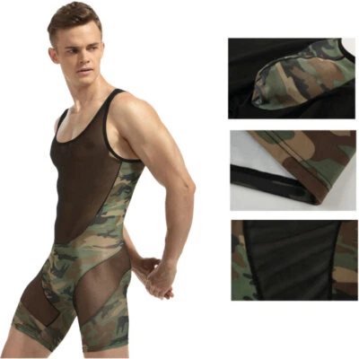 Camiseta sin mangas de camuflaje de una pieza de lucha libre body ropa interior de leotardo para hombre Foto 1 de 4