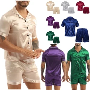 Men's Satin Pajamas Button Down Shirts Top with Shorts Sleepwear Homewear Sets - Picture 1 of 72