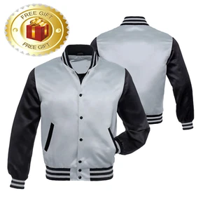 Satin Bomberjacke schwarz & grau Collegejacke Lettermen Football Jacket DDP - Bild 1 von 6