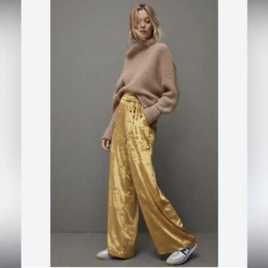 Anthropologie Maeve Anastasia Wide Leg Crushed Velvet Pant Stretch Waist Gold - Picture 1 of 8