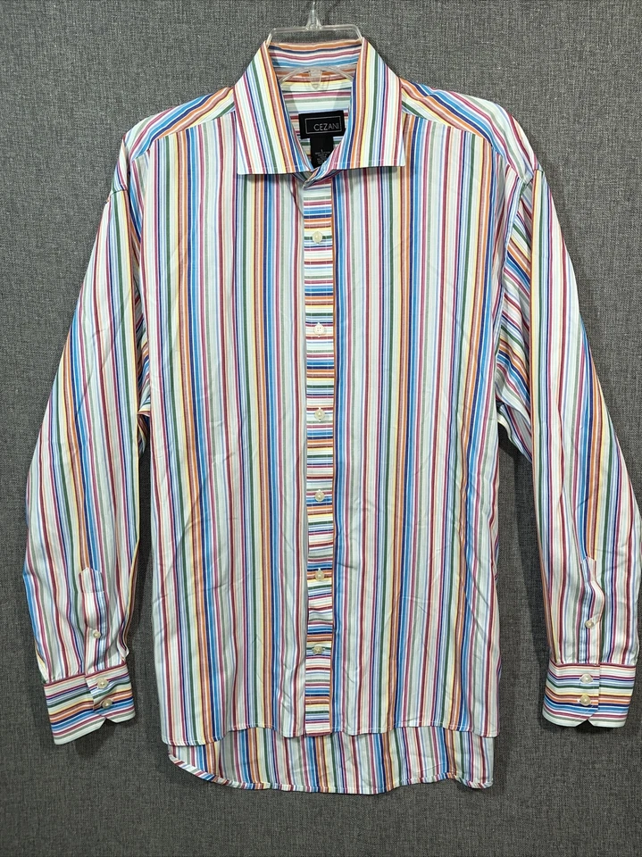 Cezani Mens L Shirt Multicolor Long Sleeve Button Up Striped Cotton Dress MS46 - Image 1 of 4