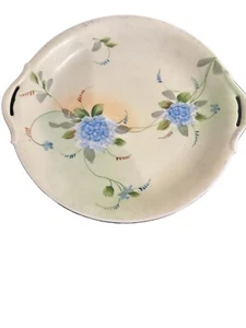 vintage Hand Painted Raised Design Nippon Plate with Handles blue hydrangeas - Picture 1 of 5