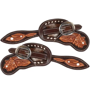 Showman Women's Floral Tooled Argentina Cow Leather Spur Straps w/ Cowhide Inlay - Picture 1 of 2