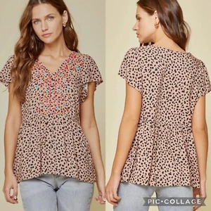 Savanna Jane Spolied Rotten Leopard Embroidered Peplum Blouse Boho Womens 2X EUC - Picture 1 of 5