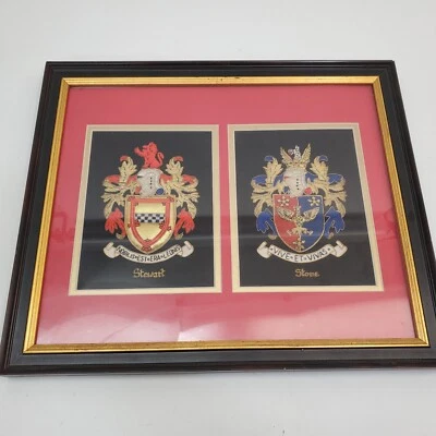 Framed Double Silk Embroidered Coat of Arms Wedding Gift His/Hers Stewart/Stone - Изображение 1 из 4