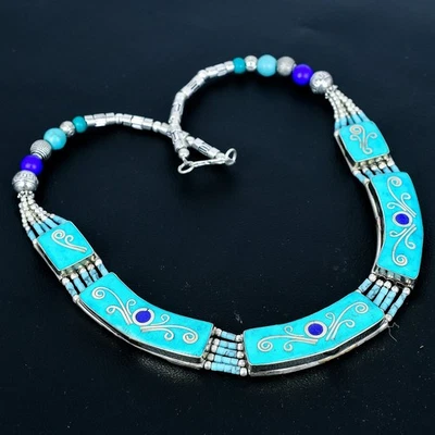 Collana turchese lapislazzuli etnica argento sterling 925 tibetano nepalese... - Immagine 1 di 4