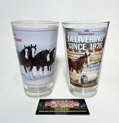 Juego de dos (2) vasos de cerveza Budweiser Clydesdales Holiday 16 OZ pinta - ¡Nuevo! Foto 1 de 4