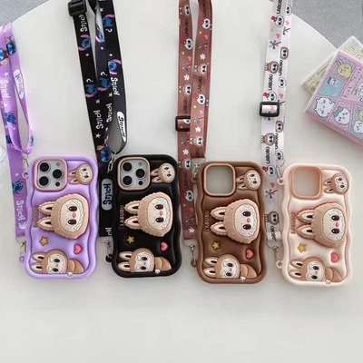 Labubu Für iPhone 11 12 13 14 15 16 Case Hülle Schutzhülle Cover Ständer + Band - Bild 1 von 4