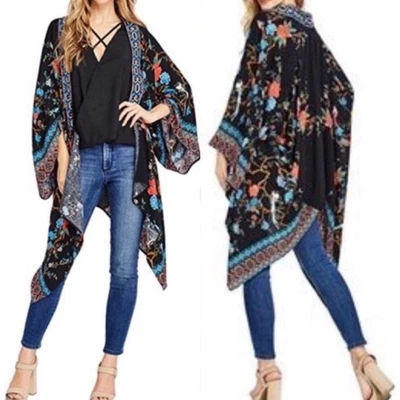 Flying Tomato Kimono S M Floral Embroidered Hippie Boho Open Front Long Fairy - Image 1 of 4
