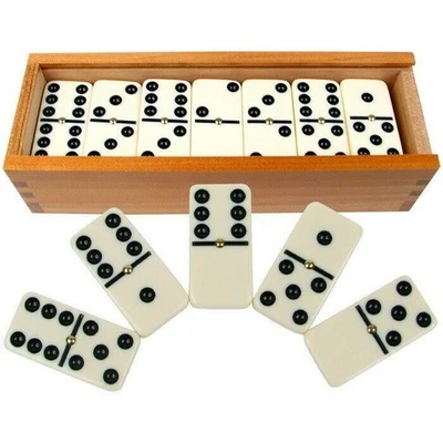 Premium Domino Set of 28 Double Six Dominoes Wood Box Center Pins for Easy Flip - Image 1 of 4