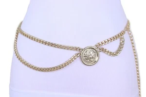 Women Waist Hip Gold Metal Chain Wave Skinny Belt Medallion Charm Plus XL XXL - Picture 1 of 12
