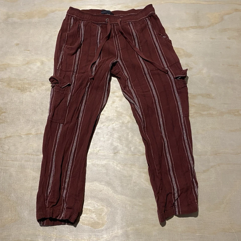 Sanctuary Anthropologie Pants  Womens Small Burgundy Stripe Linen Cropped Cargo - Image 1 of 4