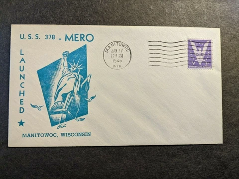 Submarine USS MERO SS-378 Naval Cover 1945 WWII Launch Cachet MANITOWOC, WI Cover