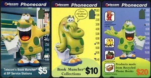 Australia Telecom Book Muncher 1994 conjunto de 3 tarjetas telefónicas varios orificios usadas, en muy buen estado - Imagen 1 de 1