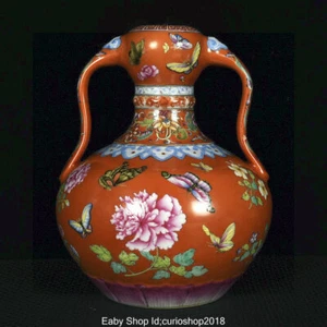 Florero botella mariposa porcelana rosa familia china antigua marca Qianlong 9,4" - Imagen 1 de 9