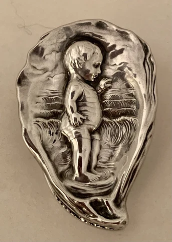 VERY RARE UNGER BROTHERS STERLING BABY IN AN OYSTER SHELL PAPER CLIP C.  1904 Cover