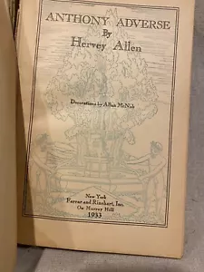 Anthony Adverse Hervey Allen Hardcover 1933 Farrar Rinehart Ferris Printing - Imagen 1 de 3