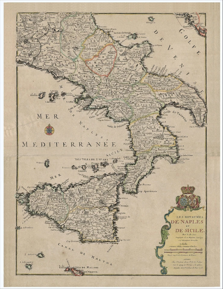 Antique Map "Les Royaumes De Naples Et De Sicile" (Italy) Nicolas de Fer, 1708 - Image 1 of 4
