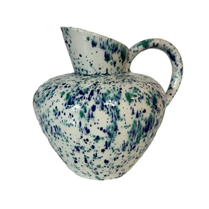 Vtg Handmade Ceramic Pitcher 5 1/2" Blue Green White Splatter Decor 72' Signed - Picture 1 of 19