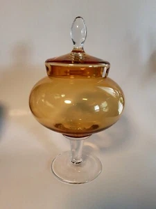 Amber Empoli STYLE Glass Art Large Covered Candy Jar Krosno 13" High - Picture 1 of 8