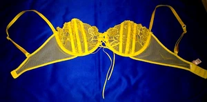Victoria's Secret Sheer Yellow Lace and Leather Lace UP front & Straps Bra 36D - Picture 1 of 6