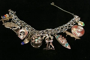 Vintage Sterling Charm Bracelet - Features Boat with Jewels, Drums with Turquois - Picture 1 of 12
