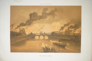 SABATIER 1823-1891 GRANDE LITHO INCENDIE COMMUNE PARIS QUAI SEINE BATEAU 1871 - Foto 1 di 7