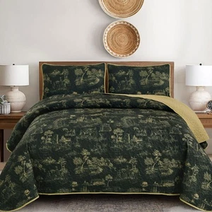 Black Farmhouse Quilt Set King Size, Toile Rustic Bedspreads, 3 Pieces Villag... - Picture 1 of 7