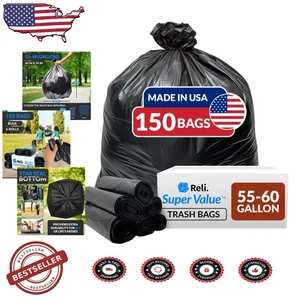 Extra Large 55 Gal Trash Bags - 150 Count Superior Strength Black Plastic - Picture 1 of 9