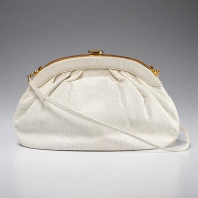 Finesse La Model Off White Karung Snakeskin Shoulder Bag Inlaid Wood Frame - Image 1 of 4