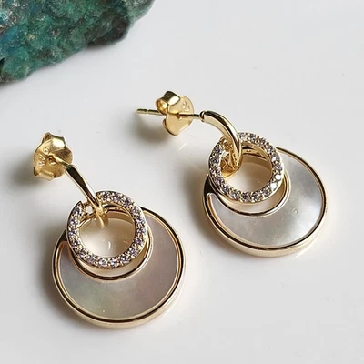 925 Пробы сапфир морской раковины круг 3/4'' серьги драгоценных камней позолоченный - Изображение 1 из 2