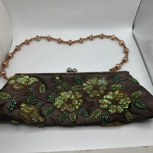 Cato Beaded Floral Evening Bag Brown Satin Sequin Embroidery Beaded Handle - Picture 1 of 9