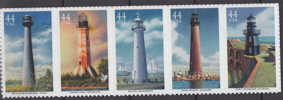 SC# 4409-13 - 2009 44¢ Gulf Coast Lighthouses - MNH Se-Tenant Strip of 5 Stamps - Image 1 of 1
