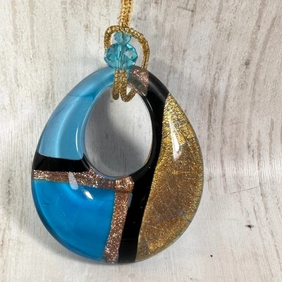 Gargantilla colgante de cristal de Murano azul negro oro aventurina arte vidrio Foto 1 de 4