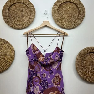 Vintage Y2K 2000s Express Purple Brown Floral Tie Sleeveless Slip Midi Dress 7/8 - Picture 1 of 8