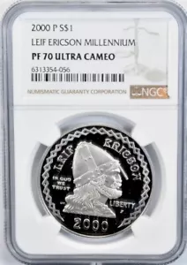 2000 LEIF ERICSON Silver Dollar PF70 NGC💥FLAWLESS QUALITY💥 - Picture 1 of 5